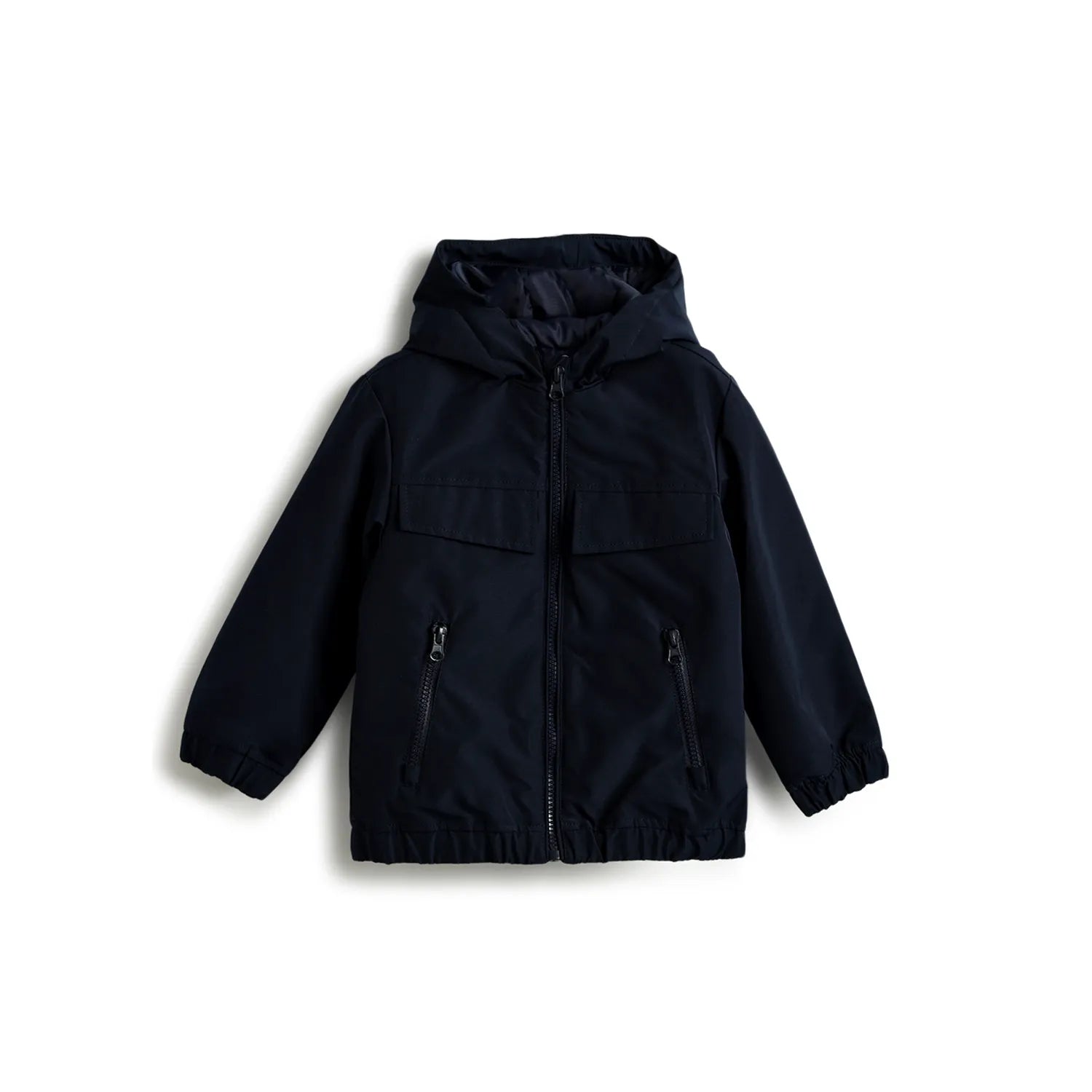 Boys Dark Blue Hooded Solid Jacket