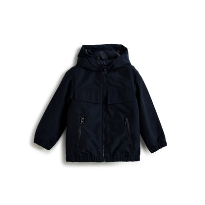 Boys Dark Blue Hooded Solid Jacket