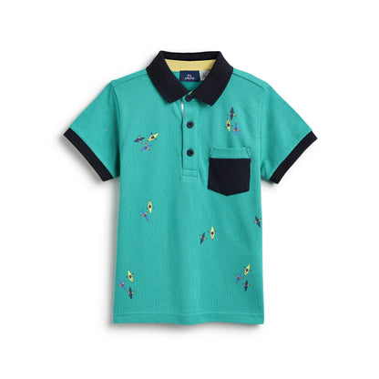 Boys Green Printed Polo T-shirt