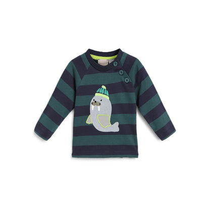 Boys Green Striped Round Neck T-shirt