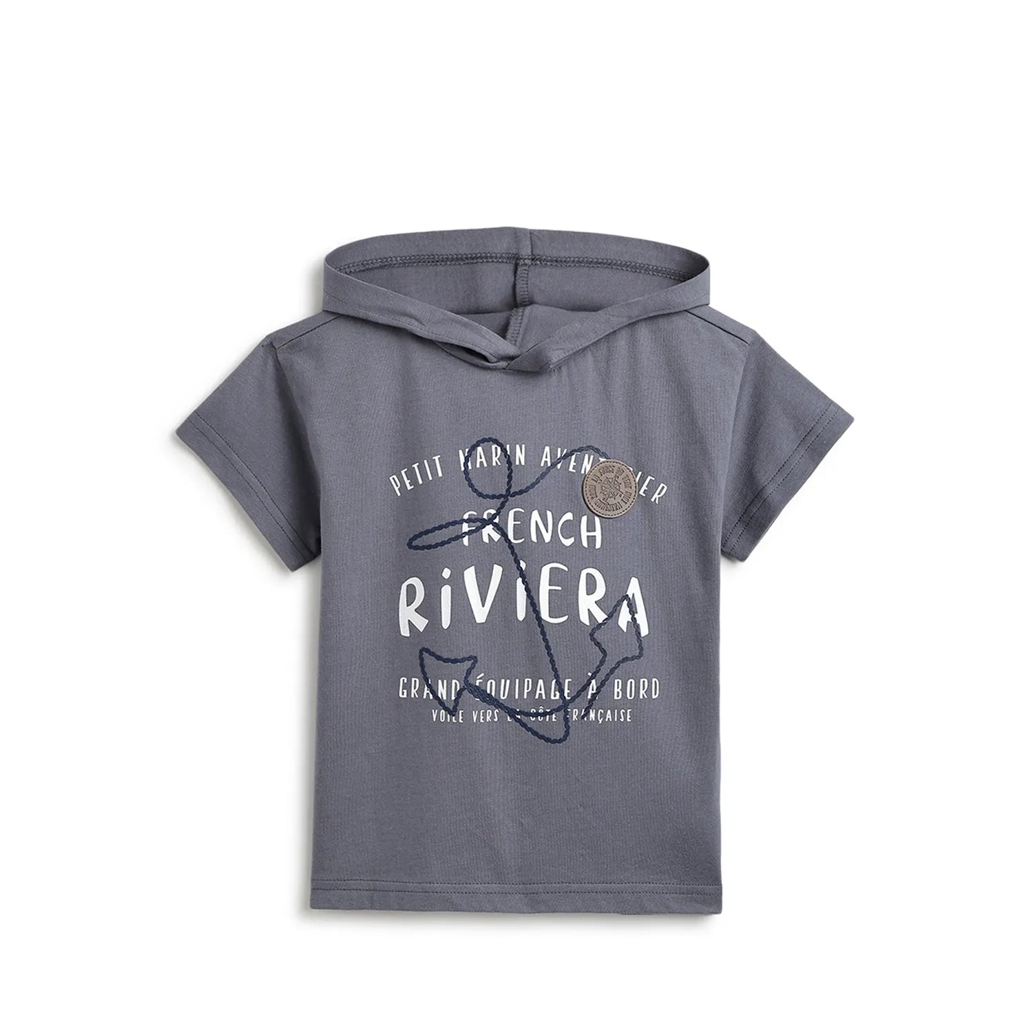 Boys Grey Printed Hooded T-shirt