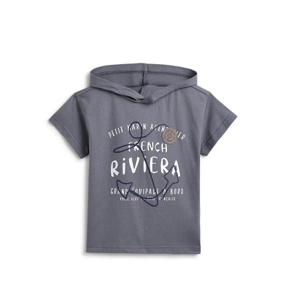 Boys Grey Printed Hooded T-shirt