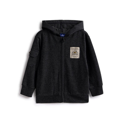 Boys Grey Solid Hooded Cardigan