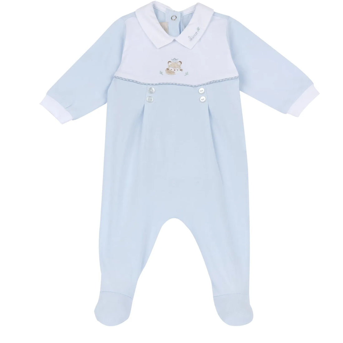 Boys Light Blue Applique Back Opening Babysuit