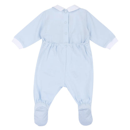 Boys Light Blue Applique Back Opening Babysuit