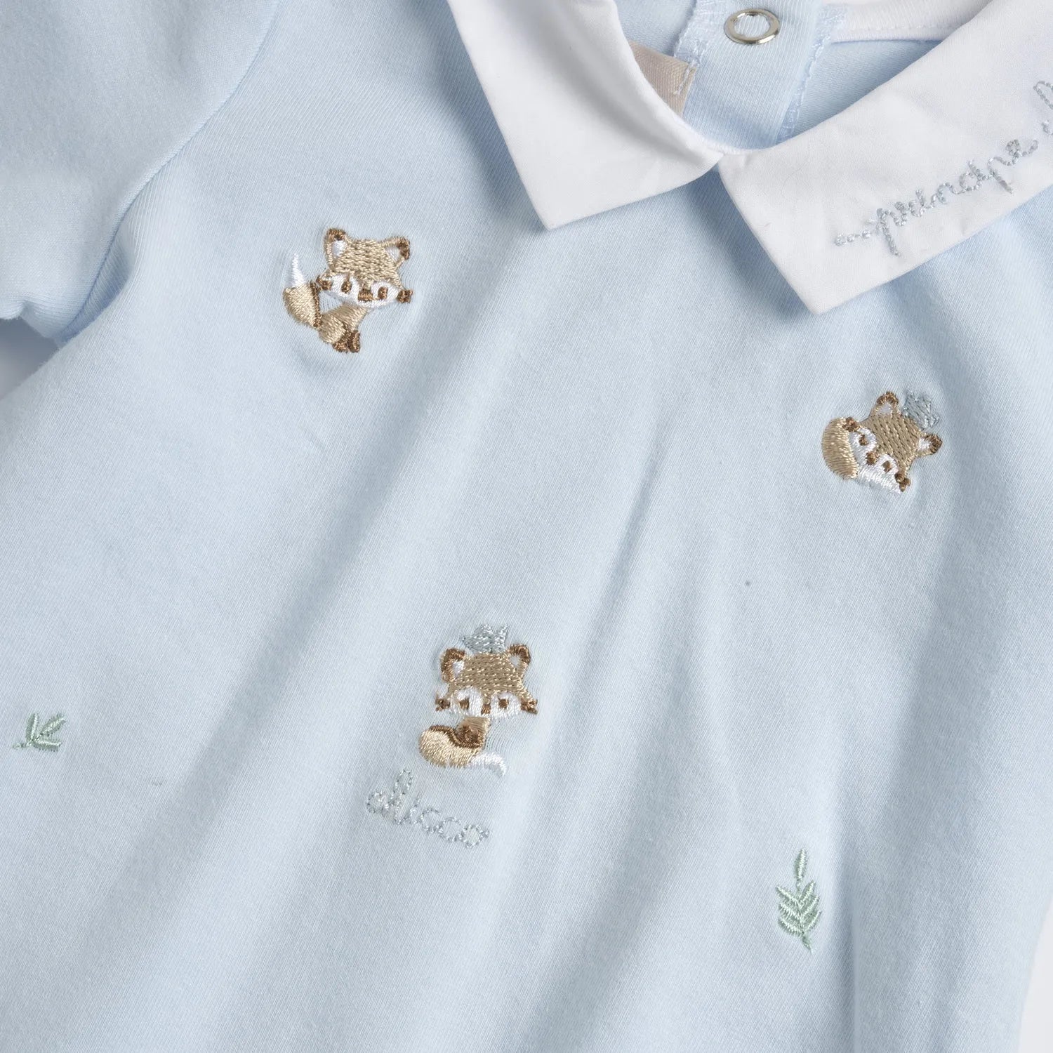 Boys Light Blue Embroidered Back Opening Babysuit