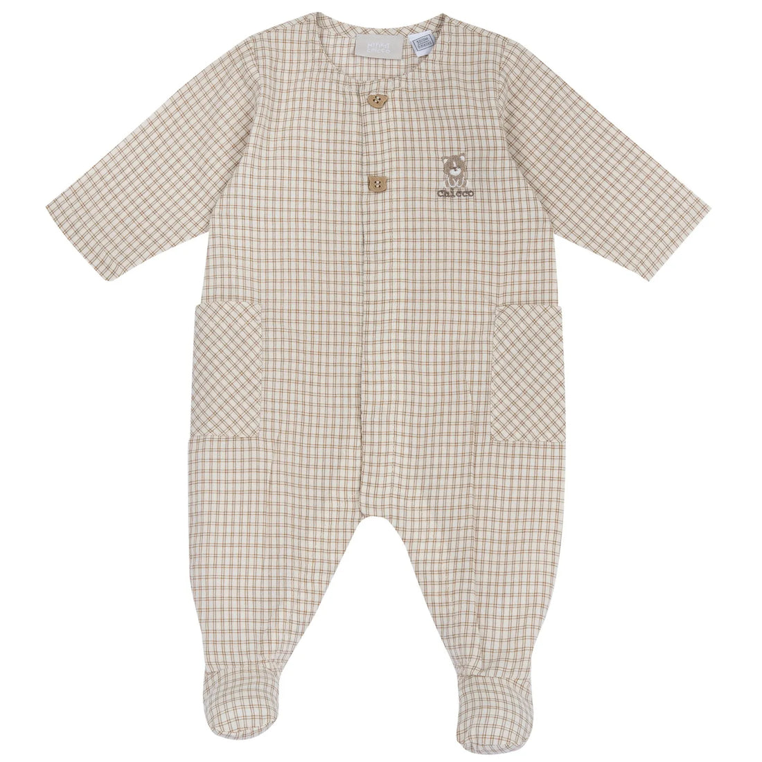 Boys Light Natural Checked Front Opening Babysuit