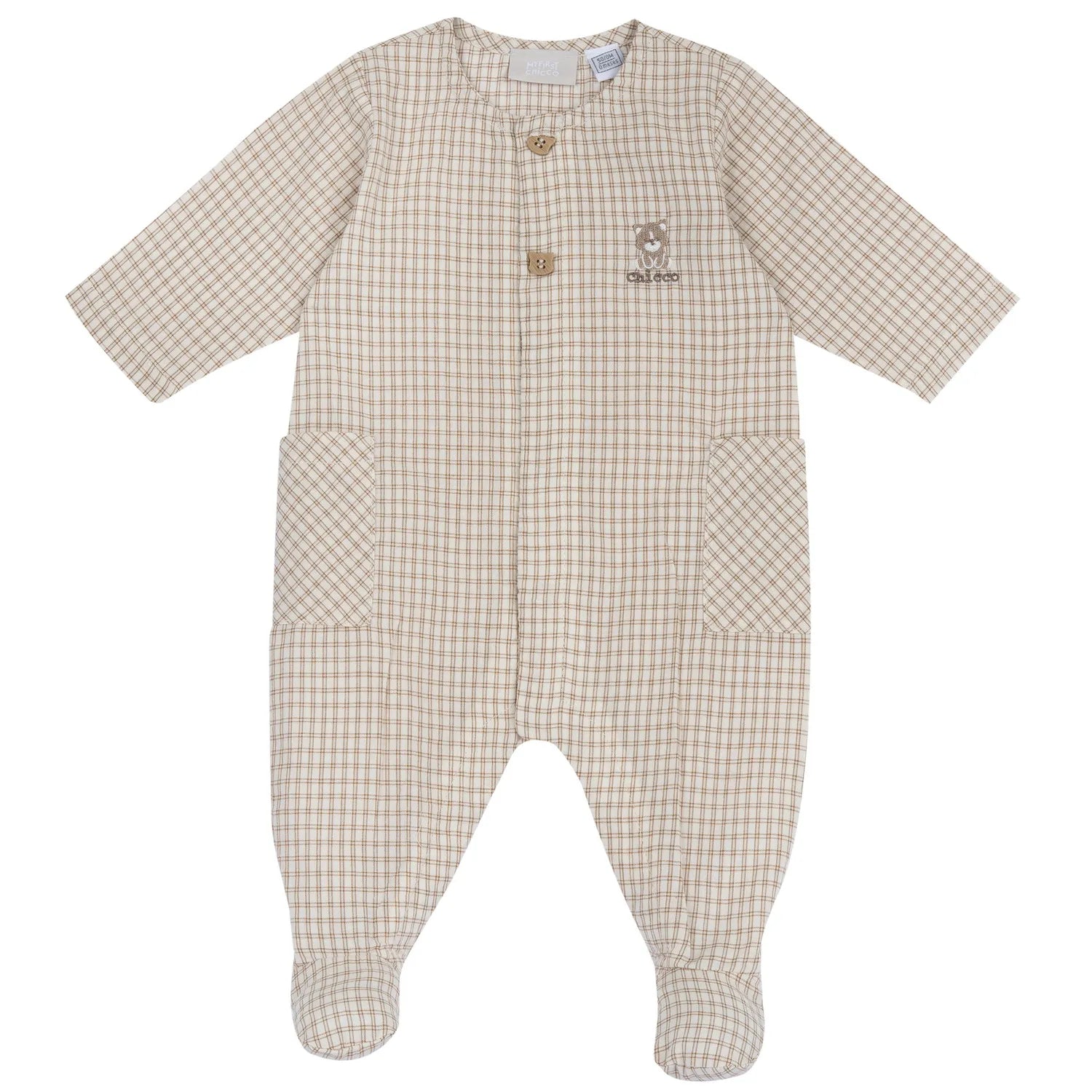 Boys Light Natural Checked Front Opening Babysuit