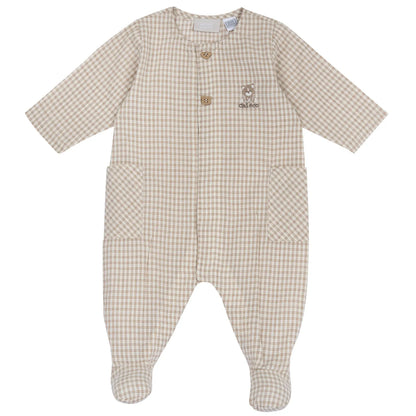 Boys Light Natural Checked Front Opening Babysuit