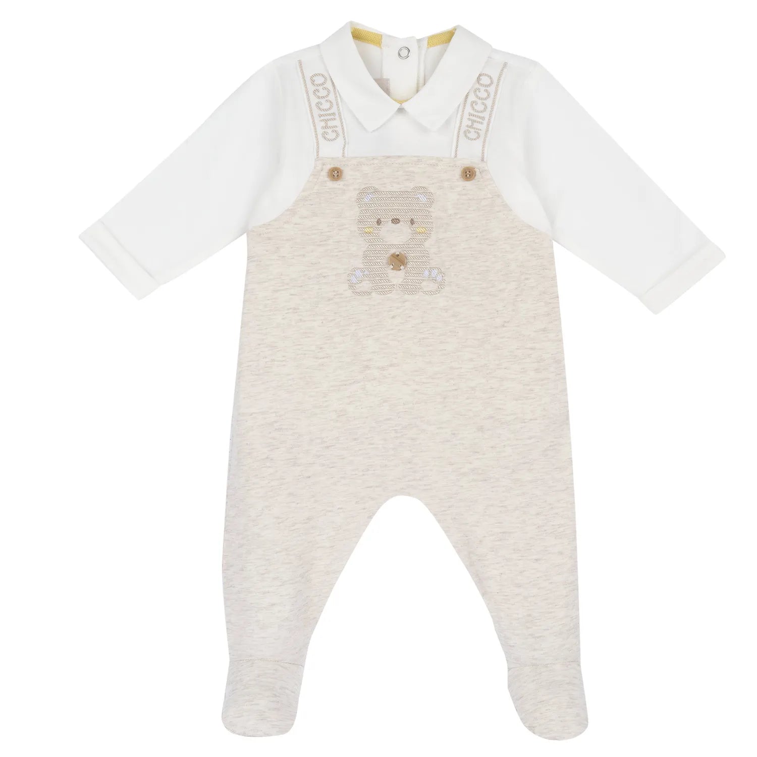 Boys Light Natural Embroidered Back Opening Babysuit