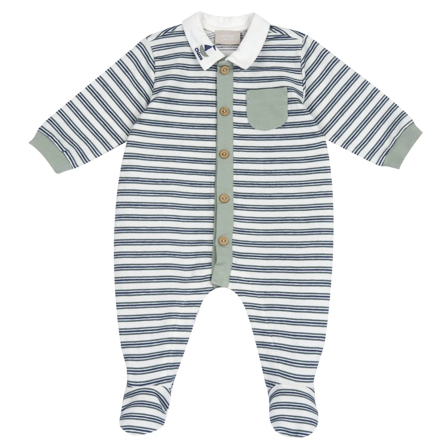 Boys Medium Green Striped Front Opening Babysuit
