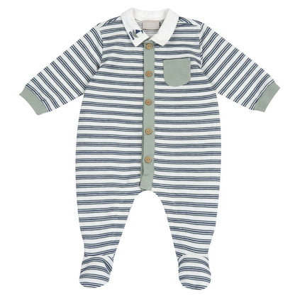 Boys Medium Green Striped Front Opening Babysuit
