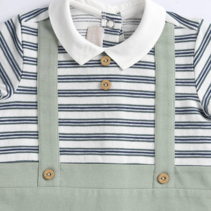 Boys Medium Green Striped Leg Opening Babysuit