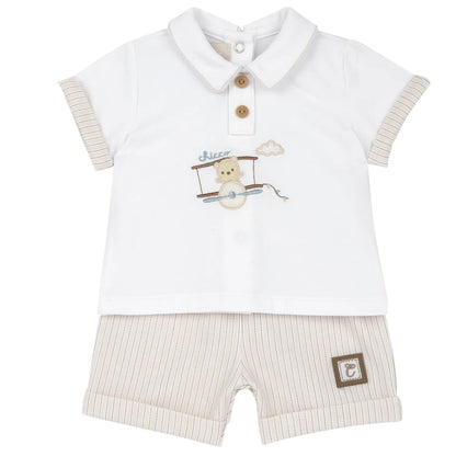 Boys Medium Natural Embroidered T-Shirt with Shorts