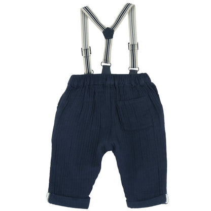 Boys Navy Blue Solid Trouser with Suspenders