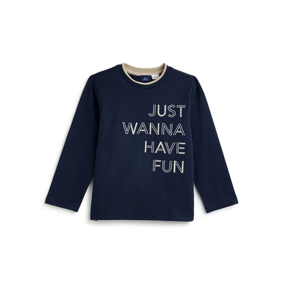 Boys Navy Blue Typography Printed T-shirt