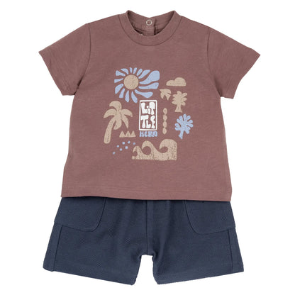 Boys Rust and Blue Graphic Printed T-Shirt with Shorts