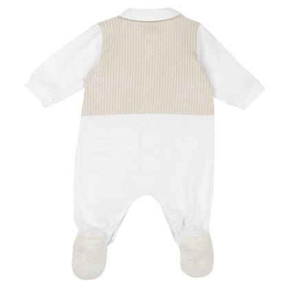 Boys White and Beige Applique Front Opening Babysuit