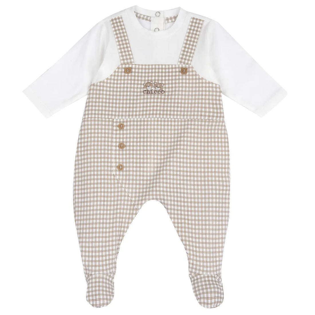 Boys White and Beige Checked Back Opening Babysuit