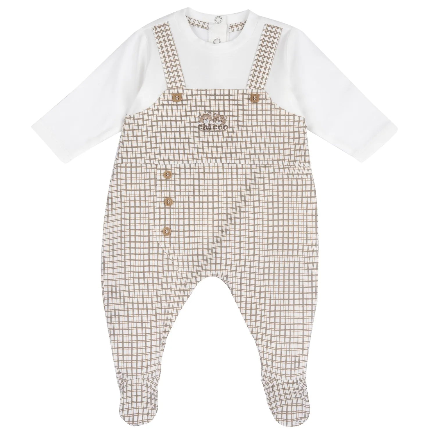 Boys White and Beige Checked Back Opening Babysuit