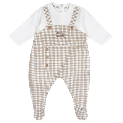 Boys White and Beige Checked Back Opening Babysuit