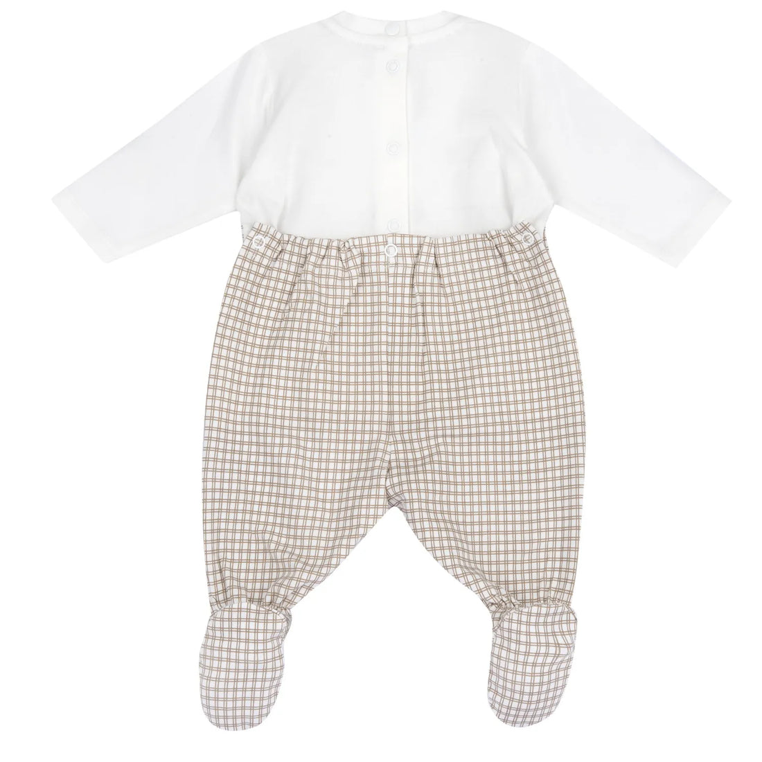 Boys White and Beige Checked Back Opening Babysuit