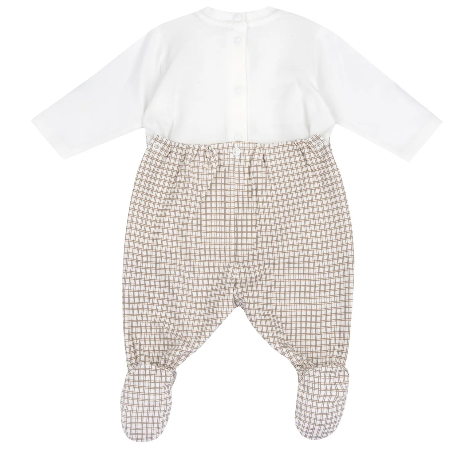 Boys White and Beige Checked Back Opening Babysuit