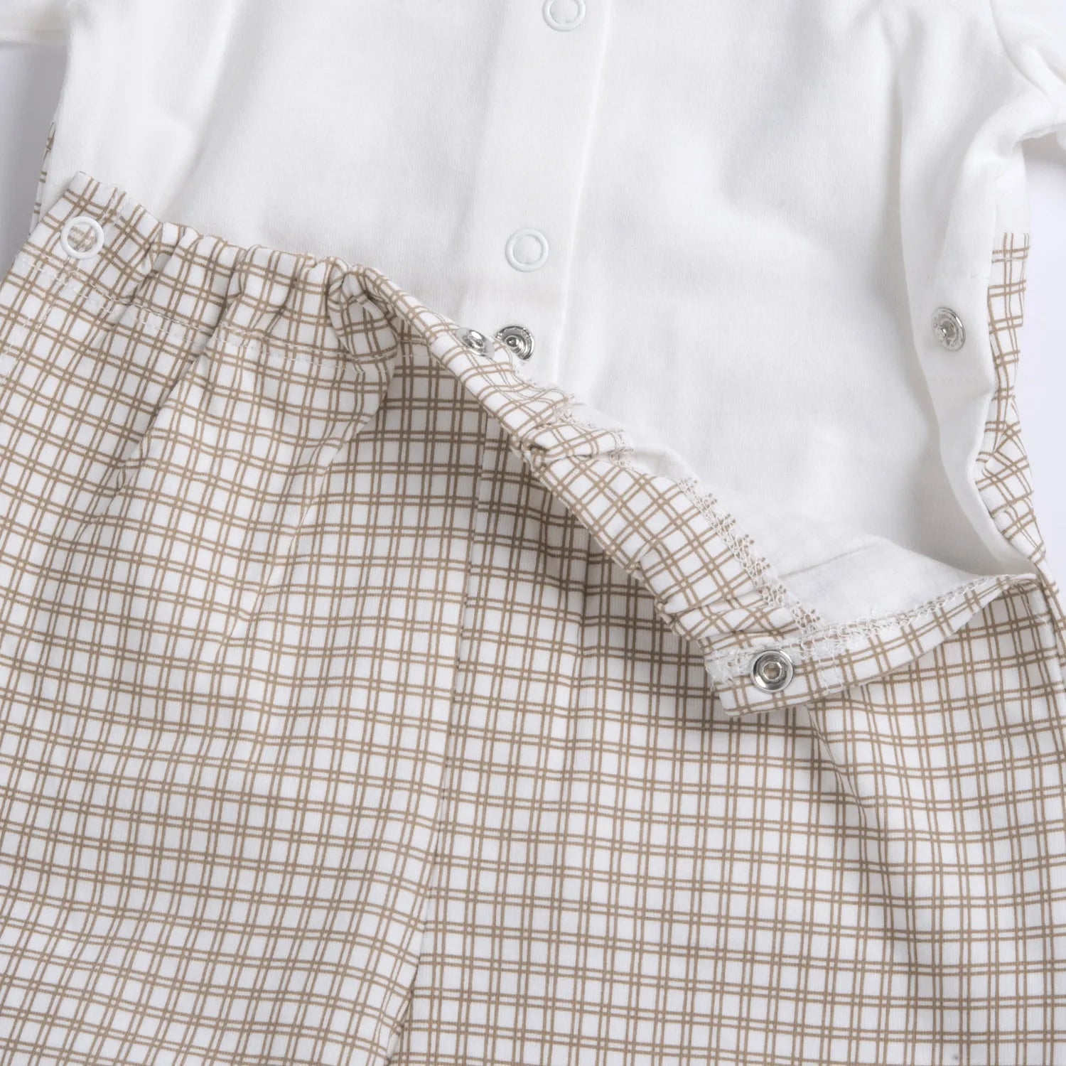 Boys White and Beige Checked Back Opening Babysuit