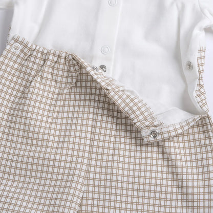 Boys White and Beige Checked Back Opening Babysuit