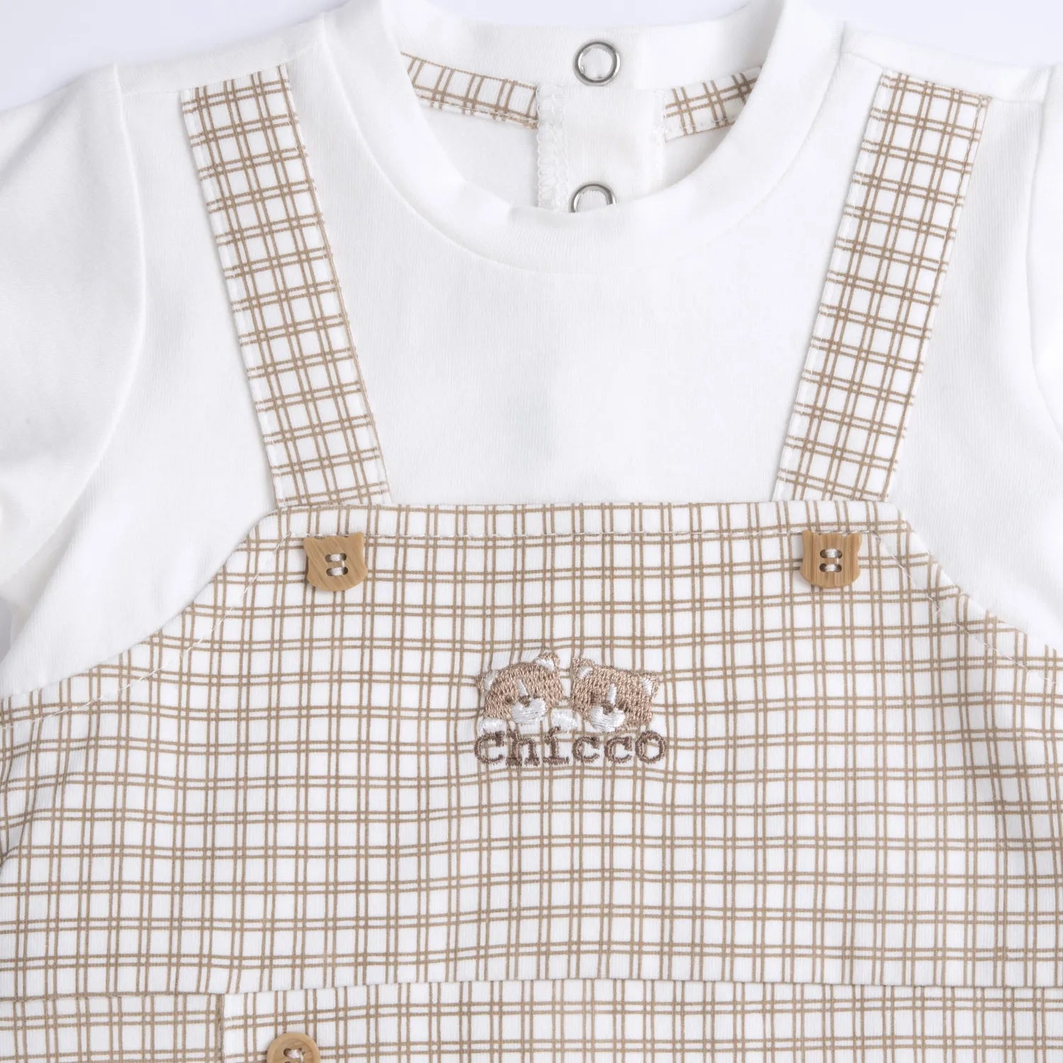 Boys White and Beige Checked Back Opening Babysuit