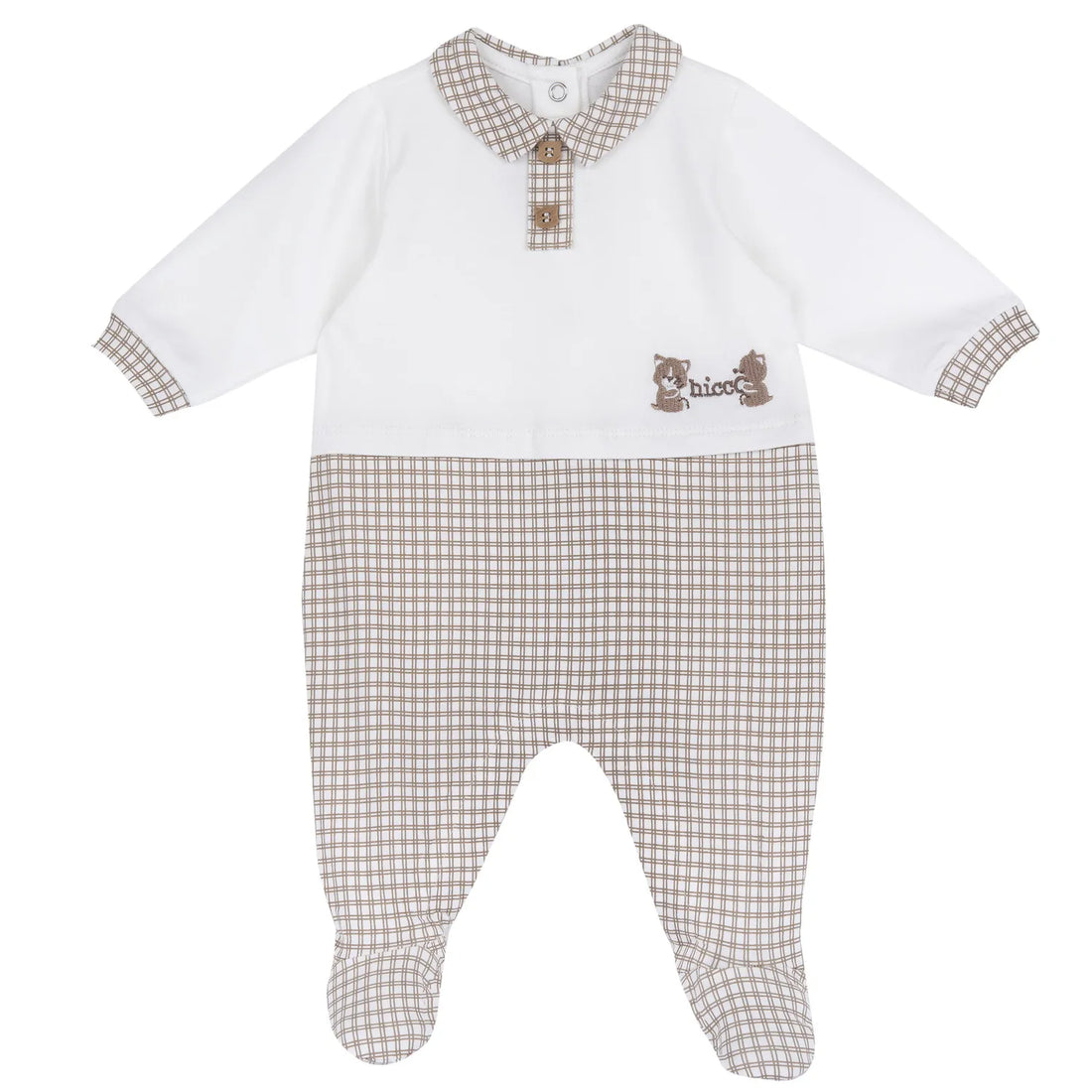 Boys White and Beige Embroidered Back Opening Babysuit