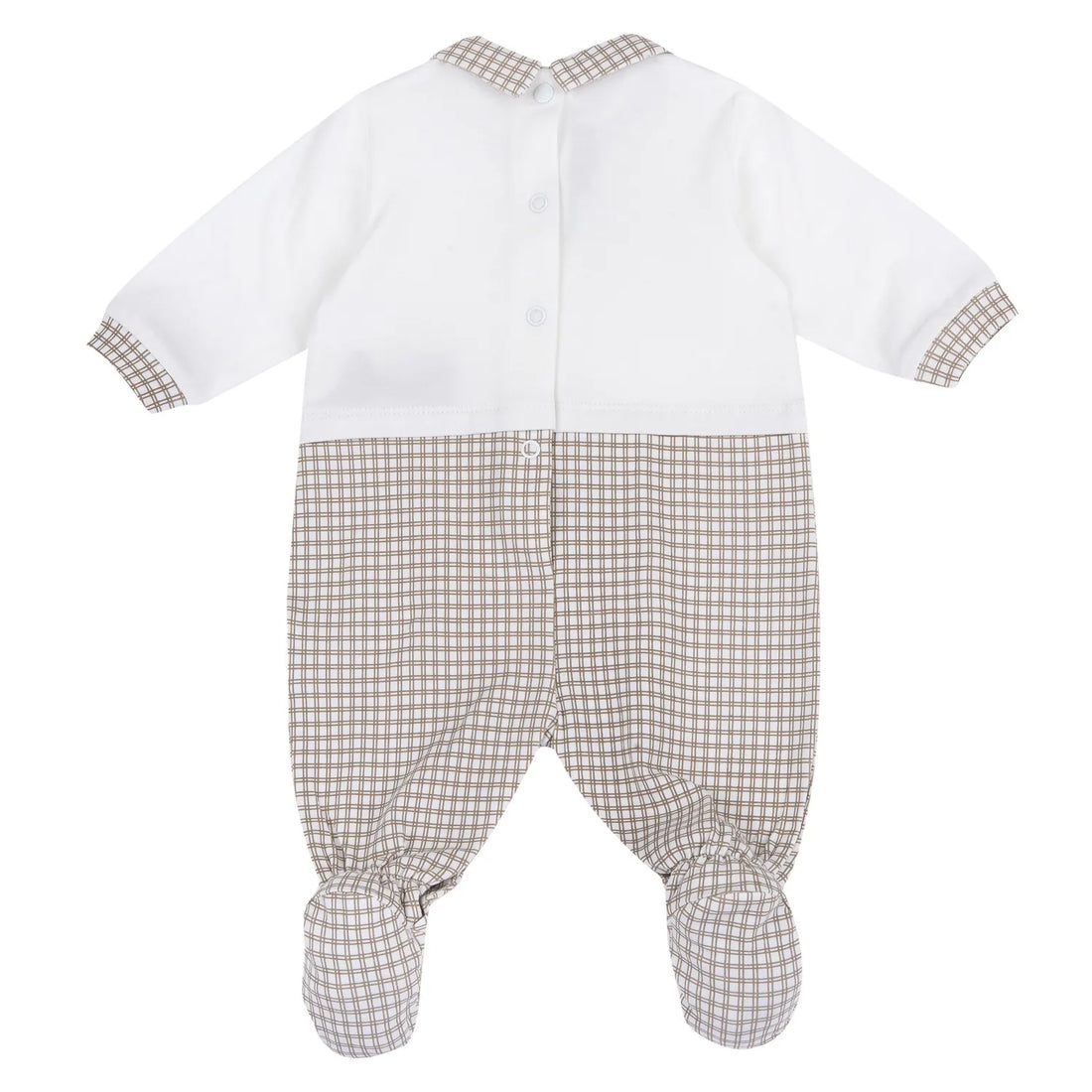 Boys White and Beige Embroidered Back Opening Babysuit
