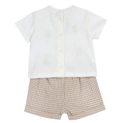 Boys White and Beige Embroidered T-Shirt with Shorts