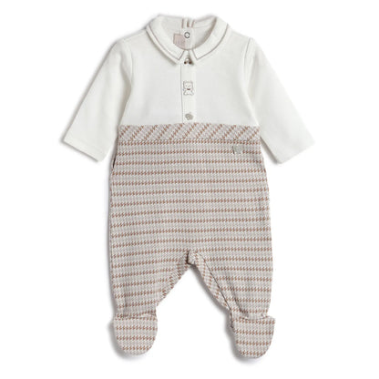 Boys White &amp; Beige Striped Nappy Opening Babysuit