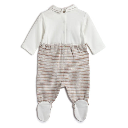 Boys White &amp; Beige Striped Nappy Opening Babysuit
