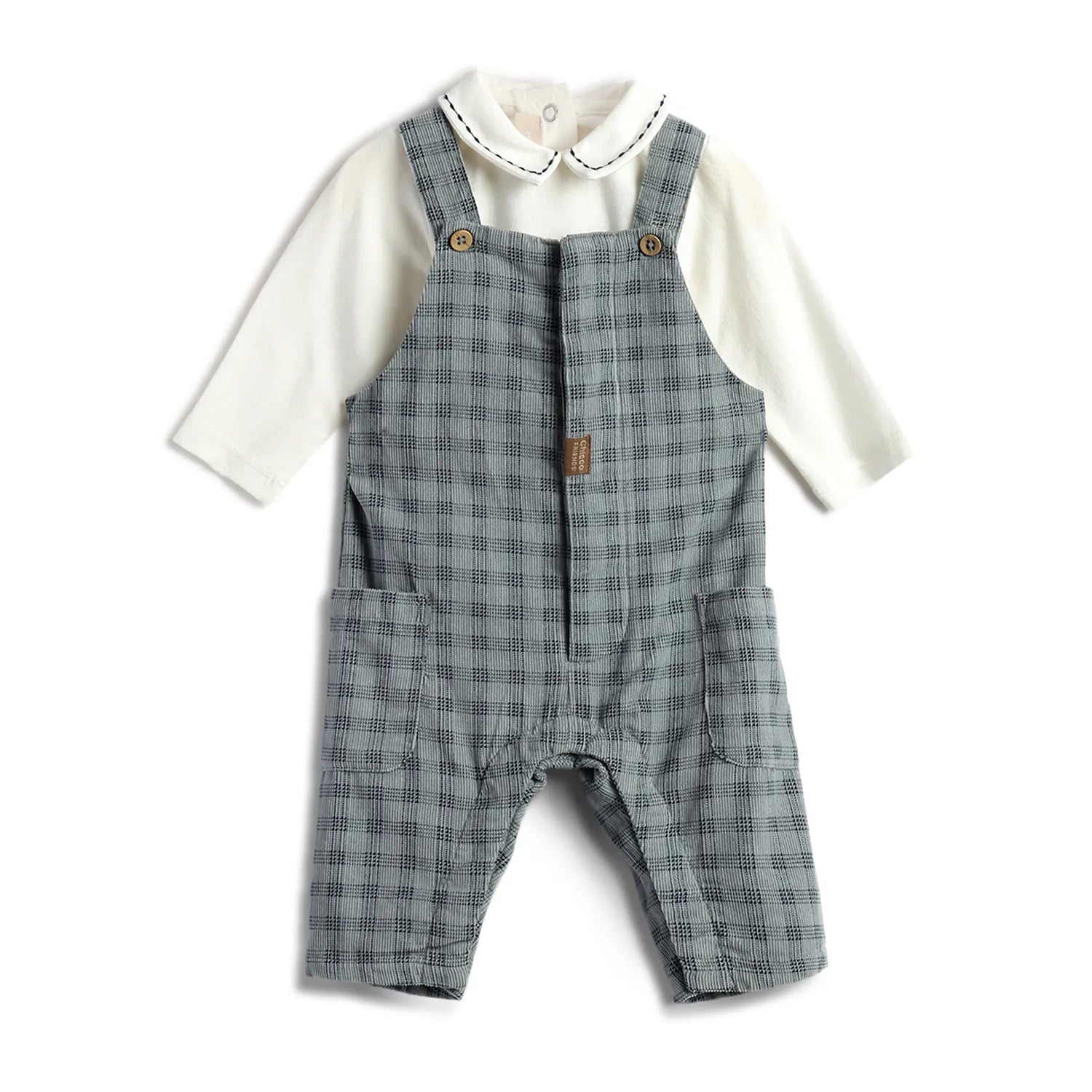 Boys White &amp; Blue Checked Bodysuit with Dungaree