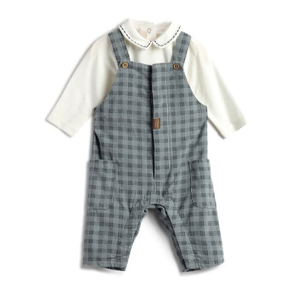 Boys White &amp; Blue Checked Bodysuit with Dungaree