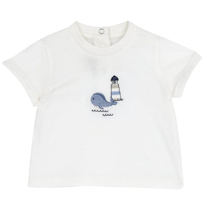 Boys White and Blue Embroidered T-shirt
