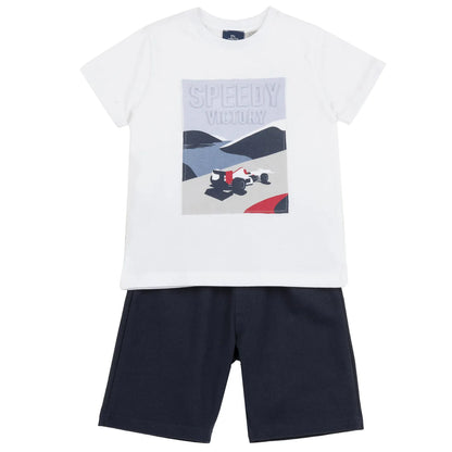 Boys White and Blue Graphic Printed T-Shirt with Shorts