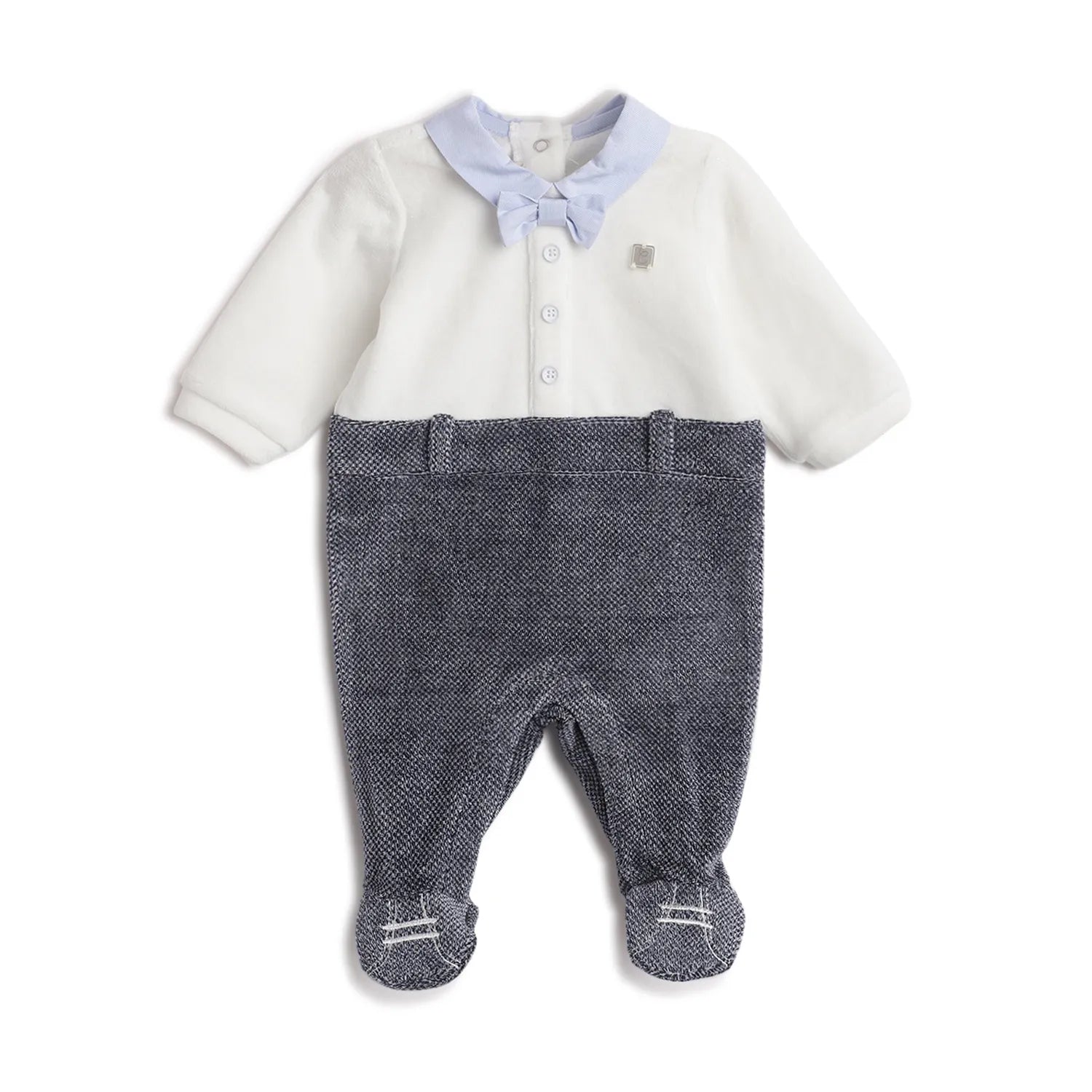 Boys White &amp; Blue Leg Opening Babysuit