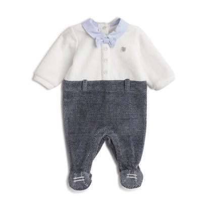 Boys White &amp; Blue Leg Opening Babysuit