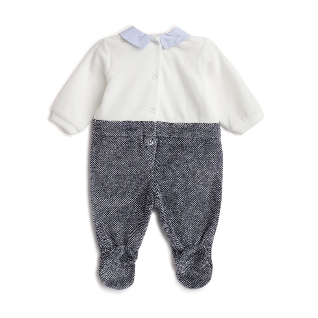 Boys White &amp; Blue Leg Opening Babysuit