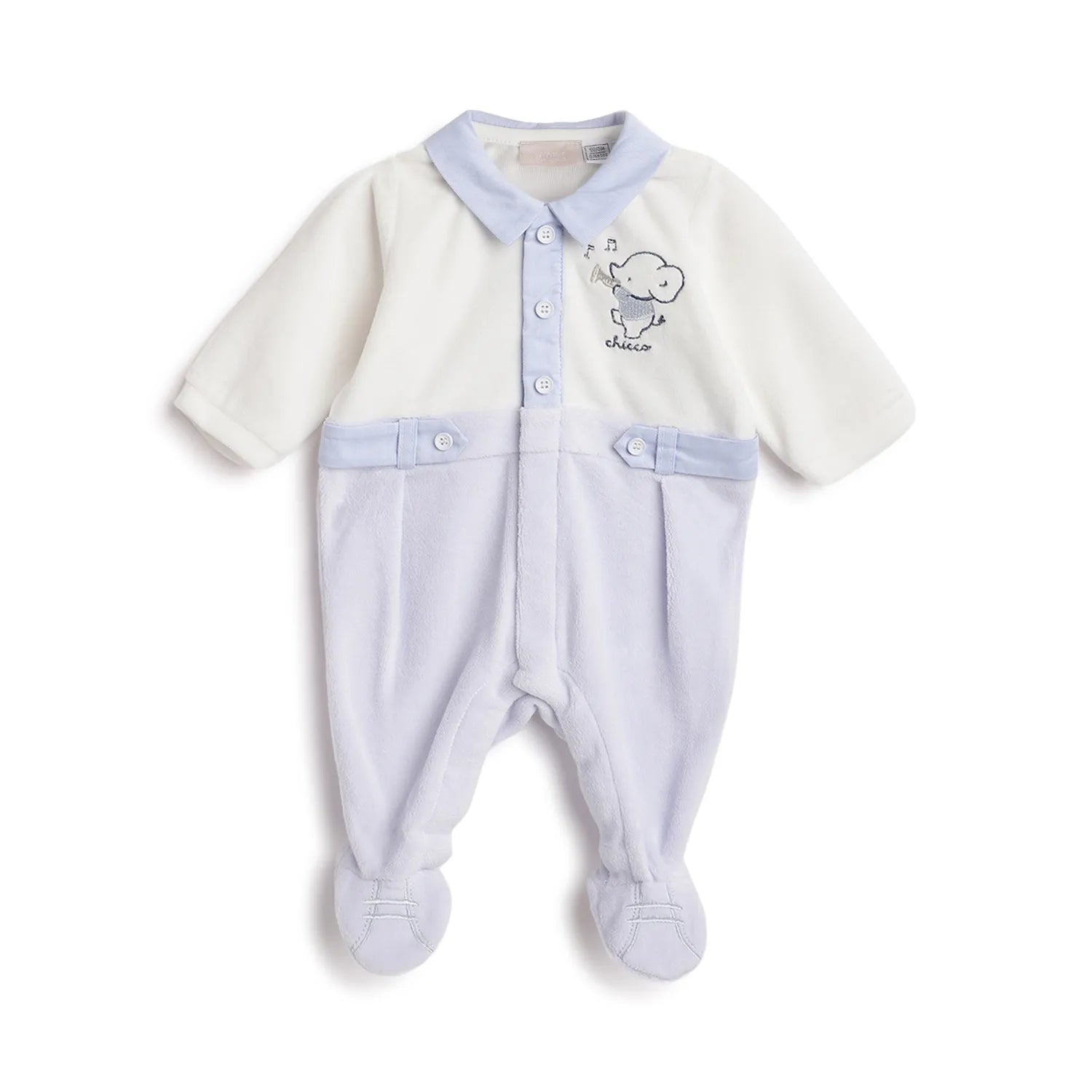 Boys White &amp; Blue Printed Front Opening Babysuit