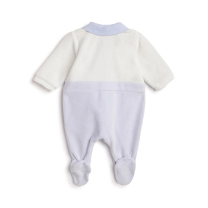 Boys White &amp; Blue Printed Front Opening Babysuit