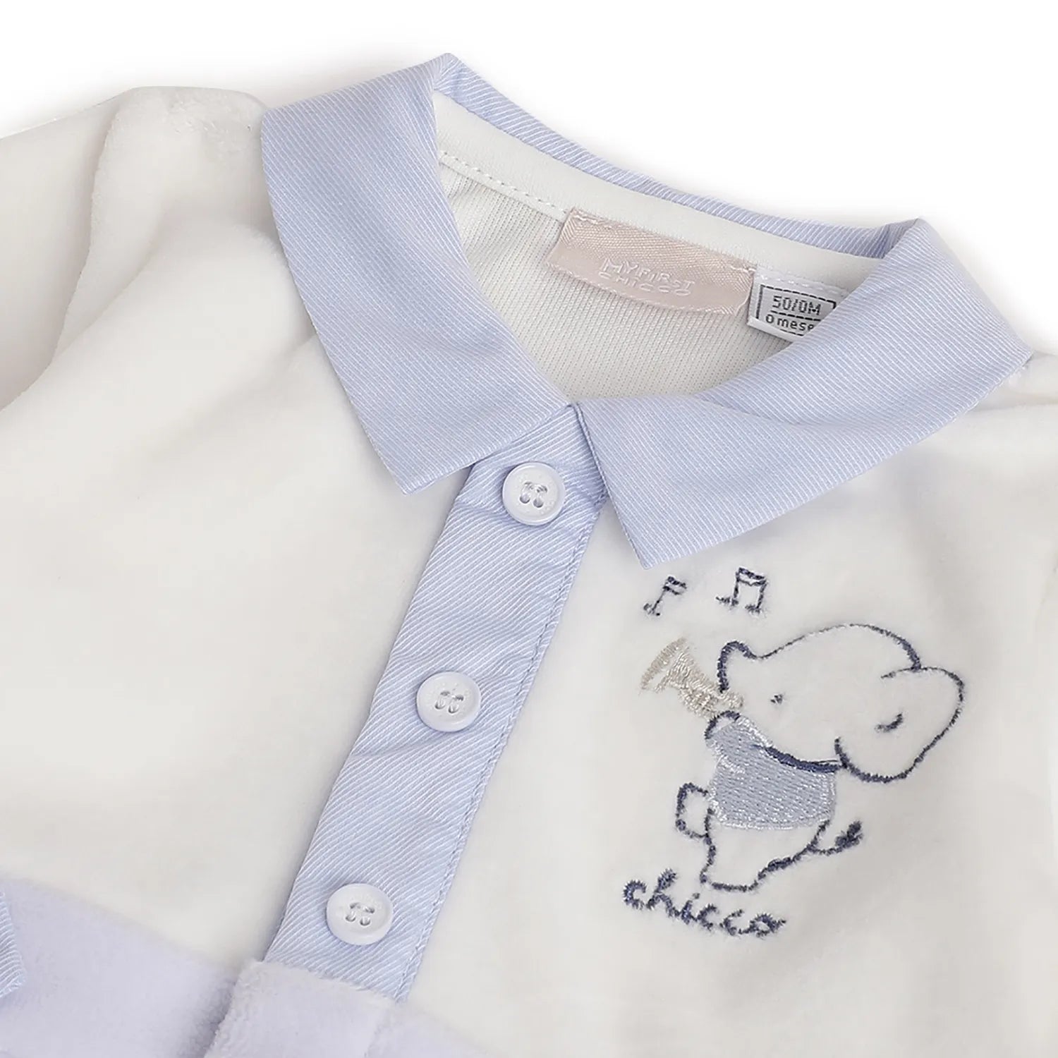 Boys White &amp; Blue Printed Front Opening Babysuit