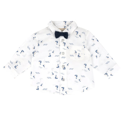 Boys White and Blue Printed Shirt