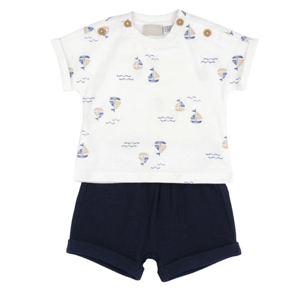 Boys White and Blue Printed T-Shirt with Shorts
