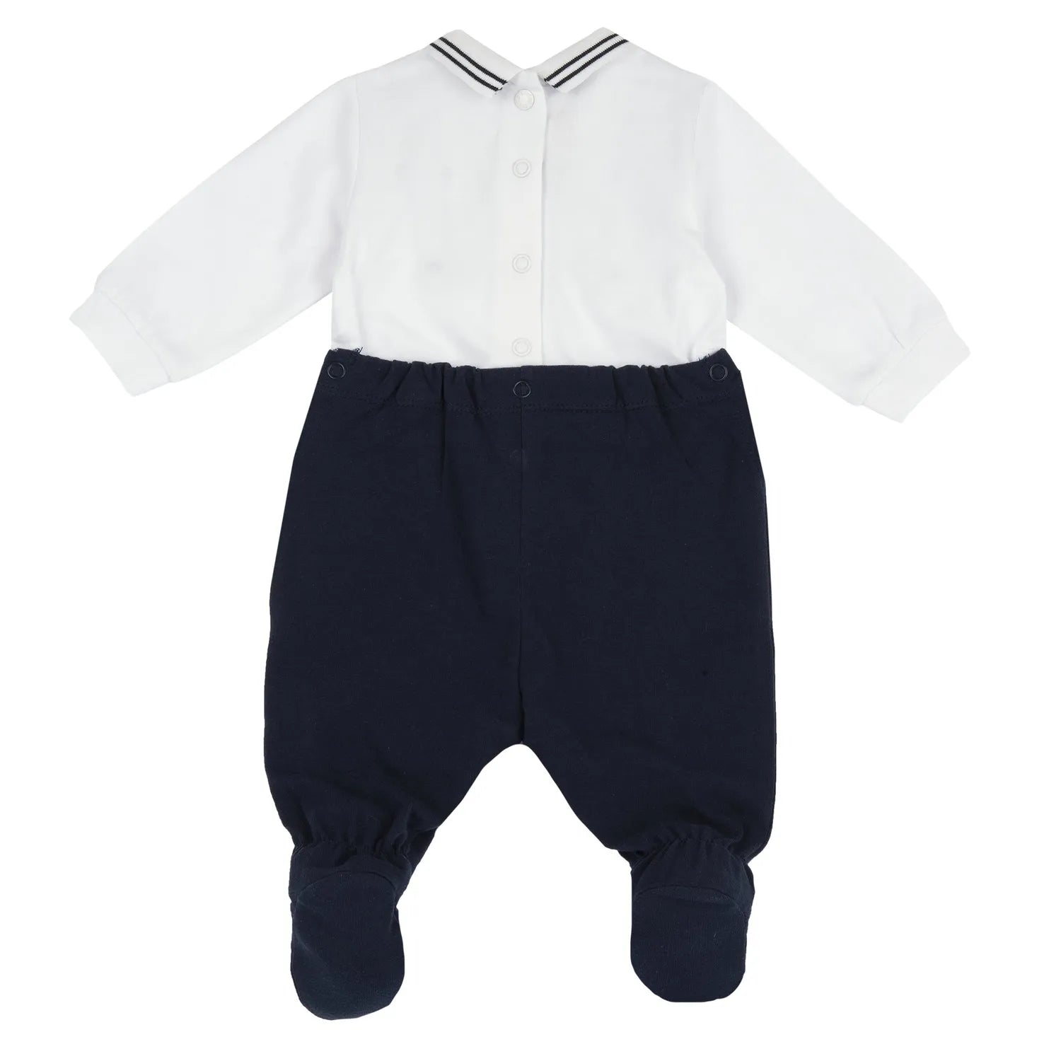 Boys White and Blue Self Design Back Opening Babysuit