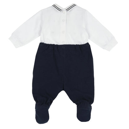 Boys White and Blue Self Design Back Opening Babysuit