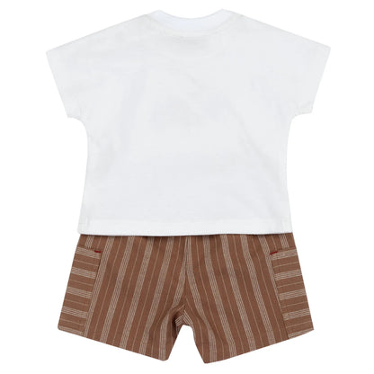 Boys White and Brown Embroidered T-Shirt with Shorts